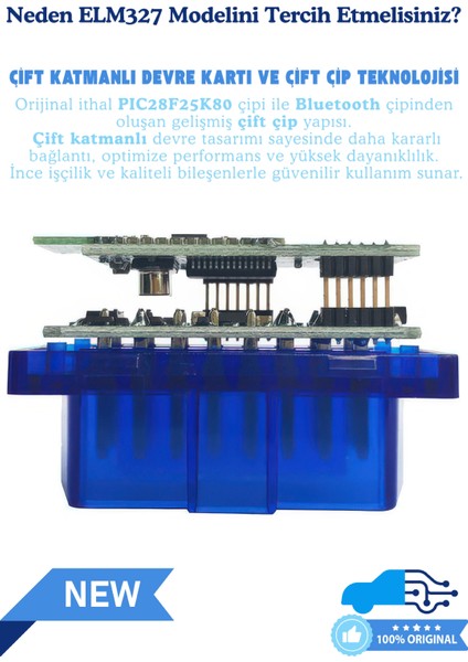 ELM327 V1.5 Bluetooth Türkçe Araç Arıza Tespit Cihazı OBD2 - Orijinal PIC18F25K80 Çift Çipli, IOS / Android / Windows Uyumlu modelleri