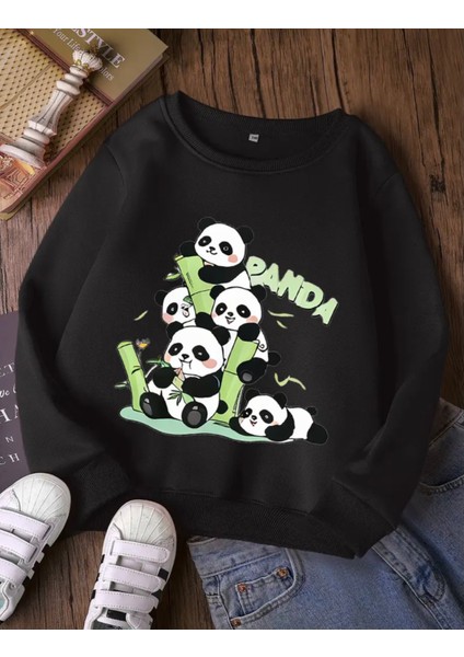 Punıx Kıds Sevimli Pandalar Baskılı Kışlık Kalın 3 Iplik Kız Çocuk Bisiklet Yaka Sweatshırt