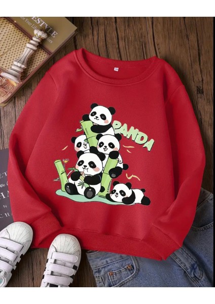 Punıx Kıds Sevimli Pandalar Baskılı Kışlık Kalın 3 Iplik Kız Çocuk Bisiklet Yaka Sweatshırt
