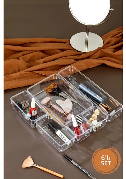 6 Parça Ayarlanabilir Çekmece Içi Düzenleyici Makyaj ve Takı Organizeri Şeffaf - Set1
