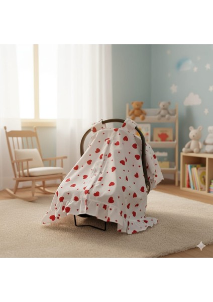 Bebek Puset Örtüsü Kalpli Puset Örtüsü Pamuklu Kumaş Fırfır Detay Çıt Çıtlı Puset Örtüsü