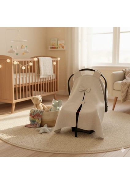 Müslin Kumaş Krem Rengi Puset Örtüsü %100 Pamuk Kum Rengi Bebek Puset Örtüsü Kelebek Detay Puset Örtüsü