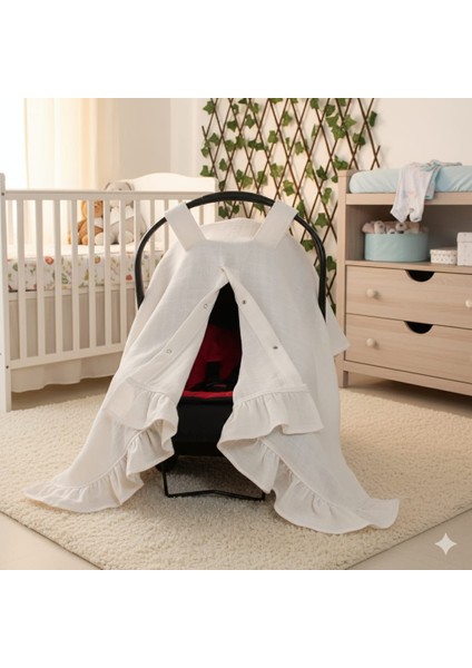 %100 Pamuk Müslin Kumaş Puset Örtüsü Çıt Çıt ve Fırfır Desenli Krem Rengi Puset Örtüsü