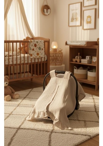 %100 Pamuk Müslin Kumaş Puset Örtüsü Çıt Çıt ve Fırfır Desenli Krem Rengi Puset Örtüsü modelleri