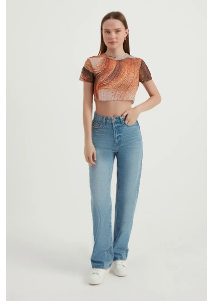 Kadın Soyut Tül Crop Top Turuncu