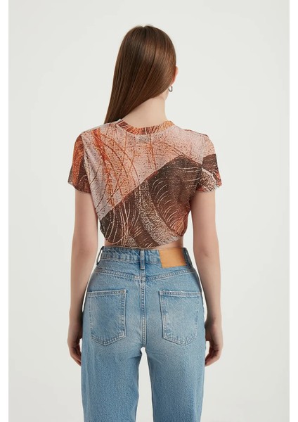 Kadın Soyut Tül Crop Top Turuncu