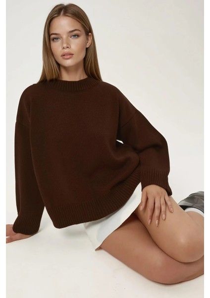 Kadın Bisiklet Yaka Relax Fit Yumuşak Triko Kazak Kestane Kahvesi