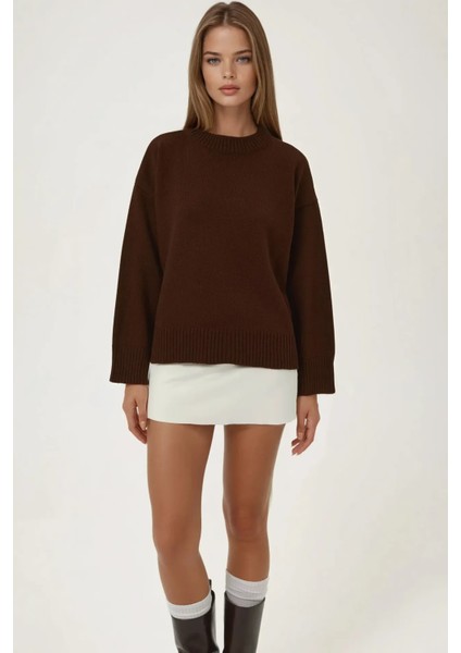 Kadın Bisiklet Yaka Relax Fit Yumuşak Triko Kazak Kestane Kahvesi