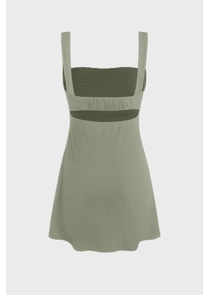 Kadın Kırışıklıklı Kare Yaka Mini Elbise Haki Yeşil
