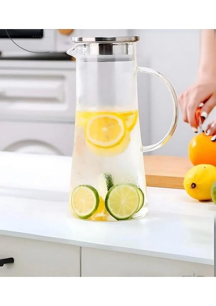 Isıya Dayanaklı Borosilikat Cam Sürahi 1.5 L Bitki Çayı Süzgeçli Sürahi Detoks Suyu Sürahi