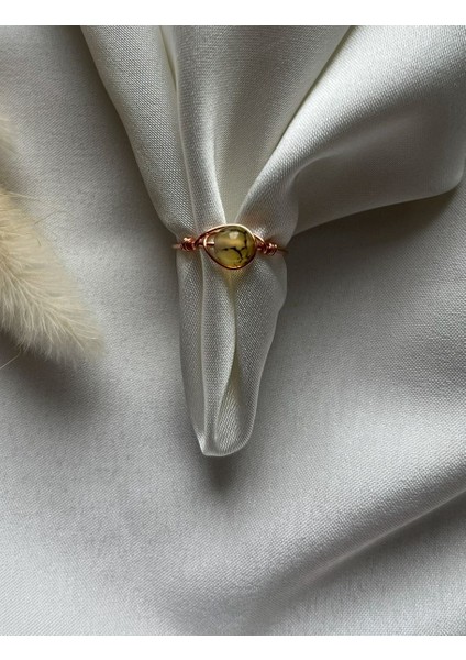 Yosun Akik Taşı Ayarlanabilir Bakır Renk Tel Yüzük El Yapımı