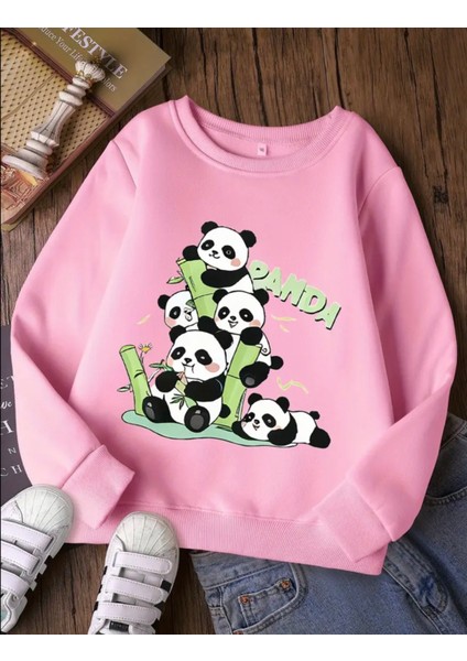 Punıx Kıds Sevimli Pandalar Baskılı Kışlık Kalın 3 Iplik Kız Çocuk Bisiklet Yaka Sweatshırt