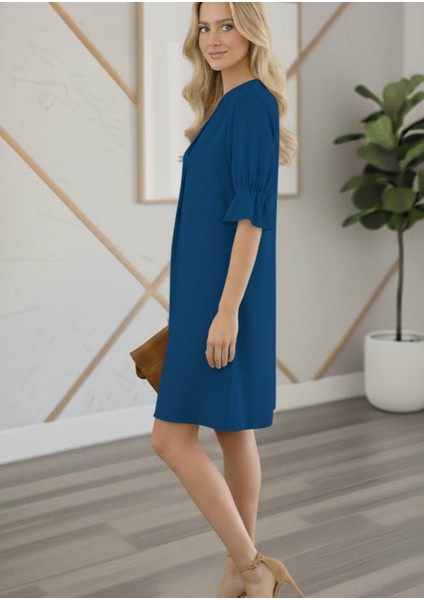 Şık Rahat Kesim Kırmızı V Yaka Volan Kol Elbise fiyatları