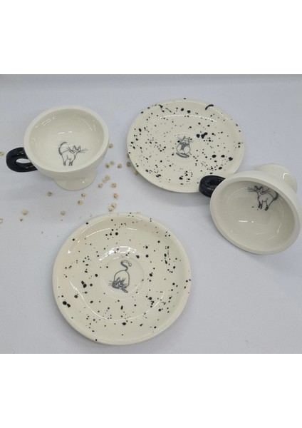 Kedili Türk Kahve Fincanı El Yapımı Seramik iki Kişilik