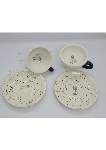 Kedili Türk Kahve Fincanı El Yapımı Seramik iki Kişilik fiyatları