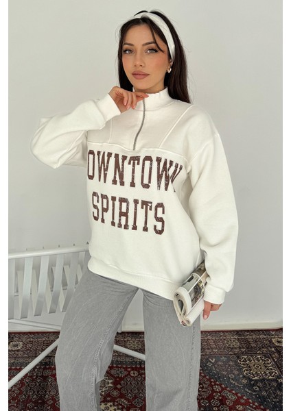 Kadın Fermuarlı Baskılı Sweatshirt – Downtown Energy