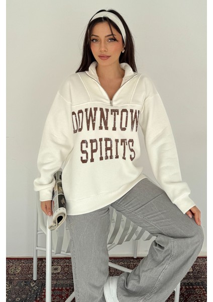 Kadın Fermuarlı Baskılı Sweatshirt – Downtown Energy fırsatları
