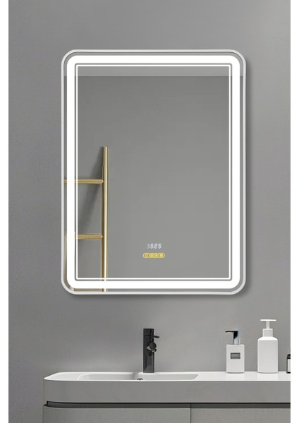 Akıllı Ayna Buğu Çözücülü Hareket Sensörlü 3 LED Işıklı Beyaz Çerçeveli Banyo Aynası 60 x 90 cm