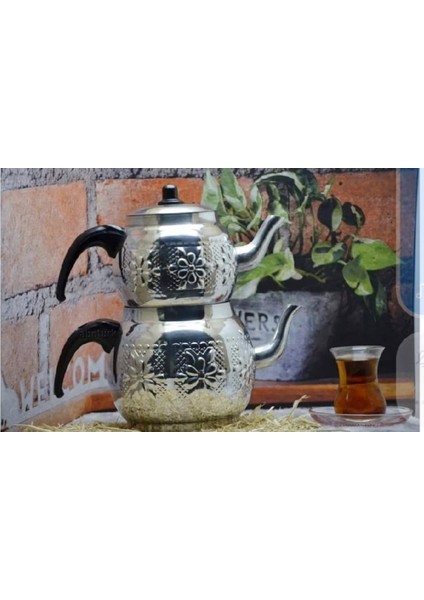 7-8 Kişilik El Işleme Alüminyum Çaydanlık Takımı 3+4=7 Litre Nakışlı En Lezzetli Çayların Çaydanlığı