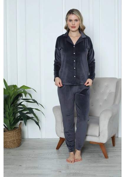 Kadın Yumuşak Kadife Önden Düğmeli Gömlek Yaka Füme Pijama Takımı