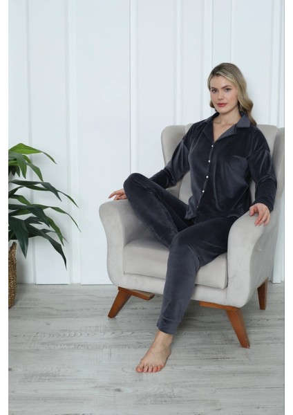 Kadın Yumuşak Kadife Önden Düğmeli Gömlek Yaka Füme Pijama Takımı fiyatları