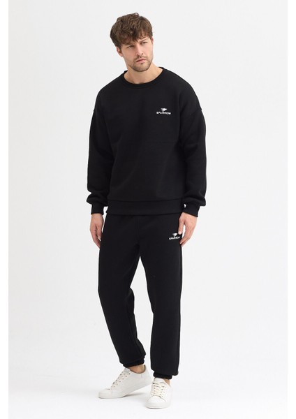 Erkek Siyah Oversize Eşofman Takımı Basic 3 Iplik Şardonlu Pamuklu Nakışlı