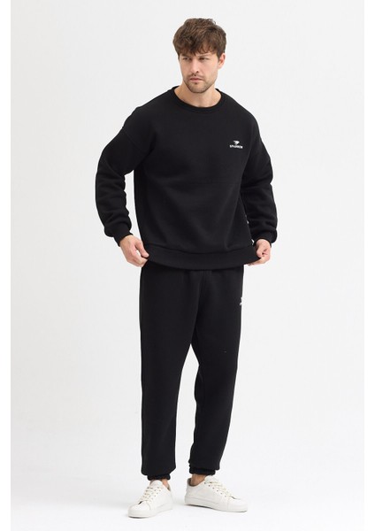 Erkek Siyah Oversize Eşofman Takımı Basic 3 Iplik Şardonlu Pamuklu Nakışlı modelleri