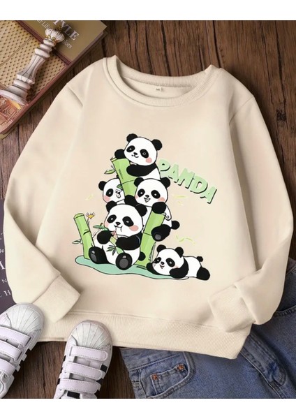 Punıx Kıds Sevimli Pandalar Baskılı Kışlık Kalın 3 Iplik Kız Çocuk Bisiklet Yaka Sweatshırt