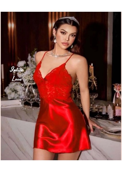 Intive Kırmızı Göğsü ve Yakası Dantel Detaylı Sırt Dekolteli Çapraz Askılı Saten Gecelik fiyatları
