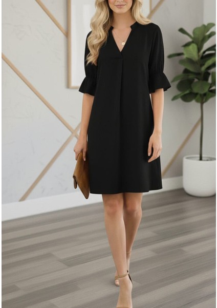 Şık Rahat Kesim Kırmızı V Yaka Volan Kol Elbise