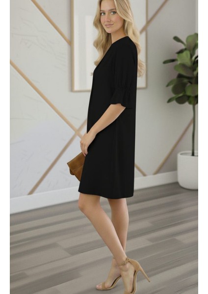 Şık Rahat Kesim Kırmızı V Yaka Volan Kol Elbise fiyatları