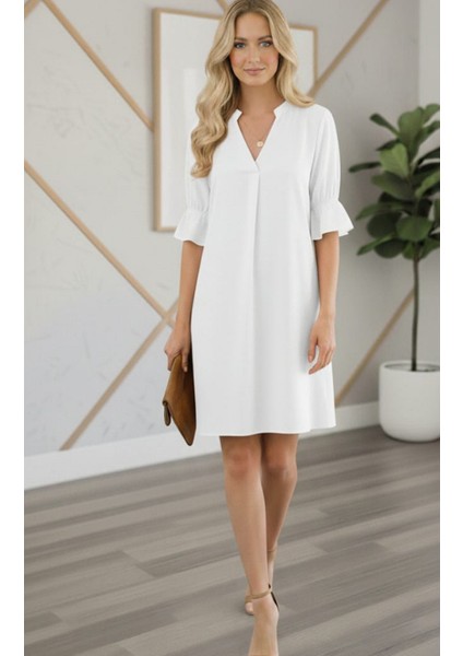 Şık Rahat Kesim Kırmızı V Yaka Volan Kol Elbise