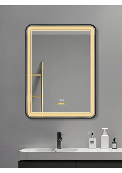 Akıllı Ayna Buğu Çözücülü Hareket Sensörlü 3 LED Işıklı Siyah Çerçeveli Banyo Aynası 60 x 90 cm