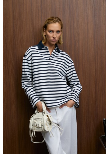 Muse Kadın Çizgili Triko Polo Yakalı Regular Fit Lacivert Sweatshirt