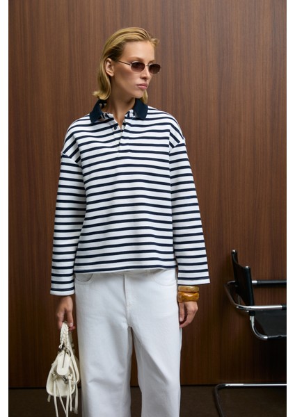 Muse Kadın Çizgili Triko Polo Yakalı Regular Fit Lacivert Sweatshirt fiyatları