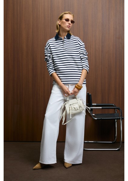 Muse Kadın Çizgili Triko Polo Yakalı Regular Fit Lacivert Sweatshirt modelleri