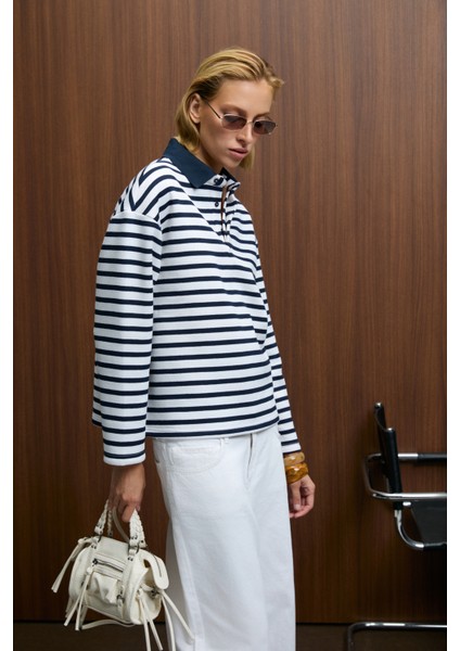 Muse Kadın Çizgili Triko Polo Yakalı Regular Fit Lacivert Sweatshirt fırsatları