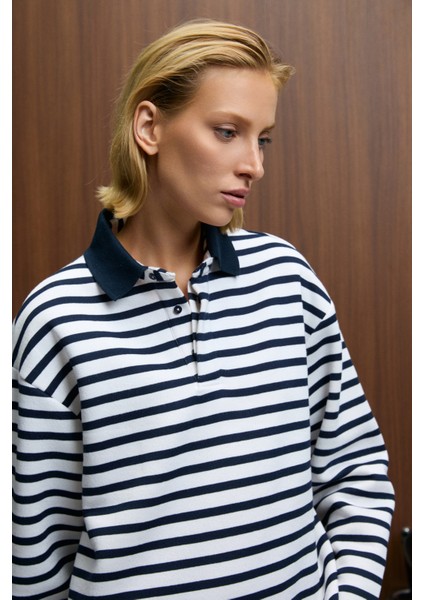 Muse Kadın Çizgili Triko Polo Yakalı Regular Fit Lacivert Sweatshirt indirimleri