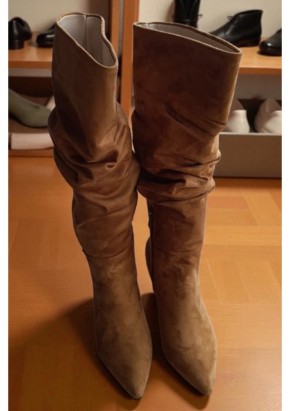 Carola Kadın Körüklü Çizme Süet Deri Ince Topuklu Çizme Topuk Boyu 5-9 fırsatları