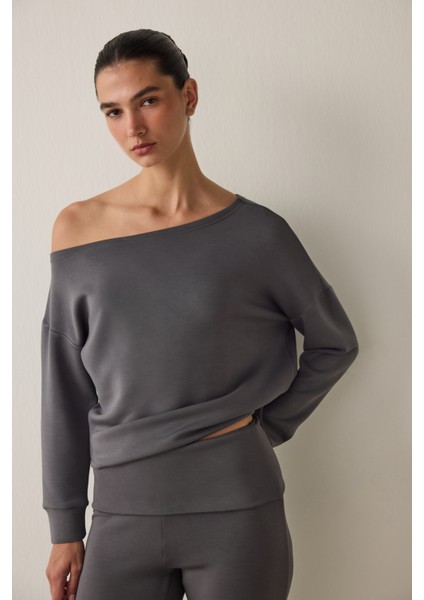 Gri Kayık Yaka Modal Önü Açık Sweatshirt