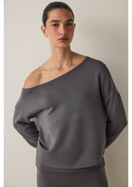 Gri Kayık Yaka Modal Önü Açık Sweatshirt fiyatları