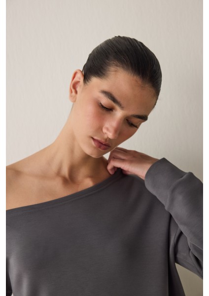 Gri Kayık Yaka Modal Önü Açık Sweatshirt modelleri