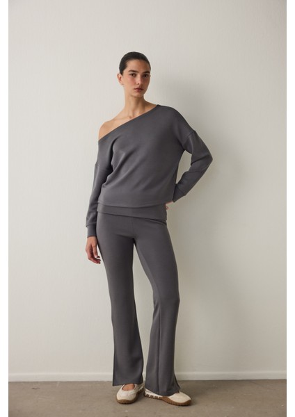 Gri Kayık Yaka Modal Önü Açık Sweatshirt indirimleri