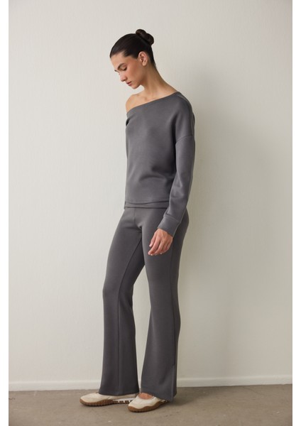 Gri Kayık Yaka Modal Önü Açık Sweatshirt