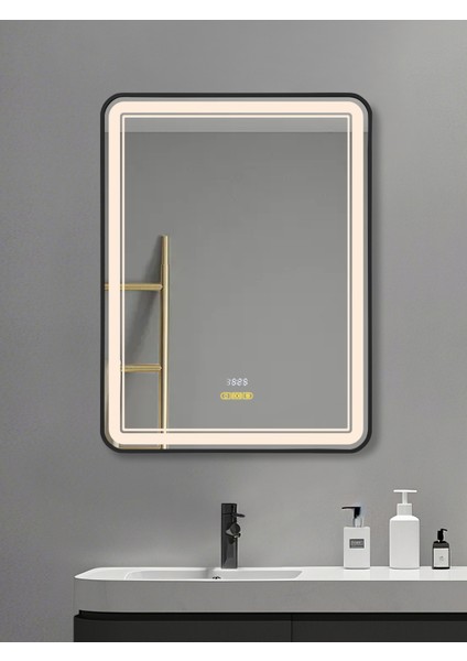 Akıllı Ayna Buğu Çözücülü Hareket Sensörlü 3 LED Işıklı Siyah Çerçeveli Banyo Aynası 60 x 80 cm