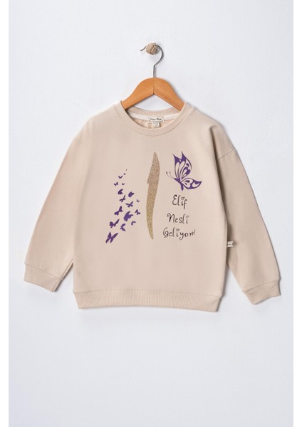 Kız Çocuk " Elif Nesli Geliyor" Baskılı Pamuklu Sweat