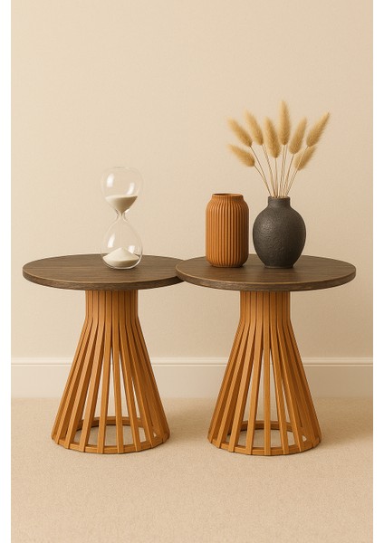 Palermo Duo Yuvarlak Modern Rustik Klasik Iskandinav Retro Vintage Dekoratif Ahşap Çıtalı Yan Orta Mantar 2li Ikili 2'li Sehpa
