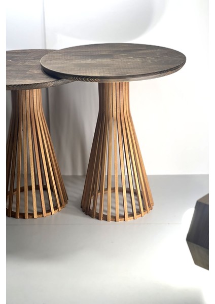 Palermo Duo Yuvarlak Modern Rustik Klasik Iskandinav Retro Vintage Dekoratif Ahşap Çıtalı Yan Orta Mantar 2li Ikili 2'li Sehpa modelleri