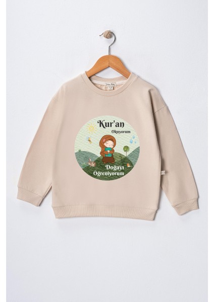 Kız Çocuk " Kuran Okuyorum Doğayı Öğreniyorum" Baskılı Pamuklu Sweat