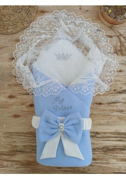 Bal Peteği My Prince Taç Nakışlı İnci Fiyonklu Dantel Duvaklı Delüks Kundak Bebek Battaniyesi Mavi